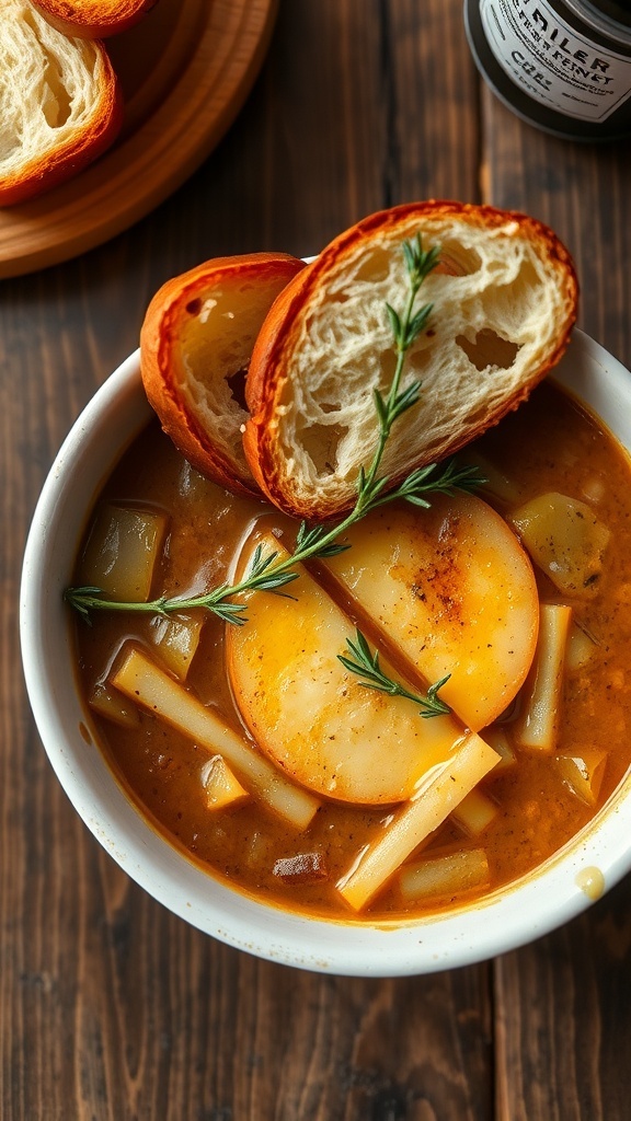 A bowl of French onion soup with melted cheese and toasted bread, garnished with thyme.